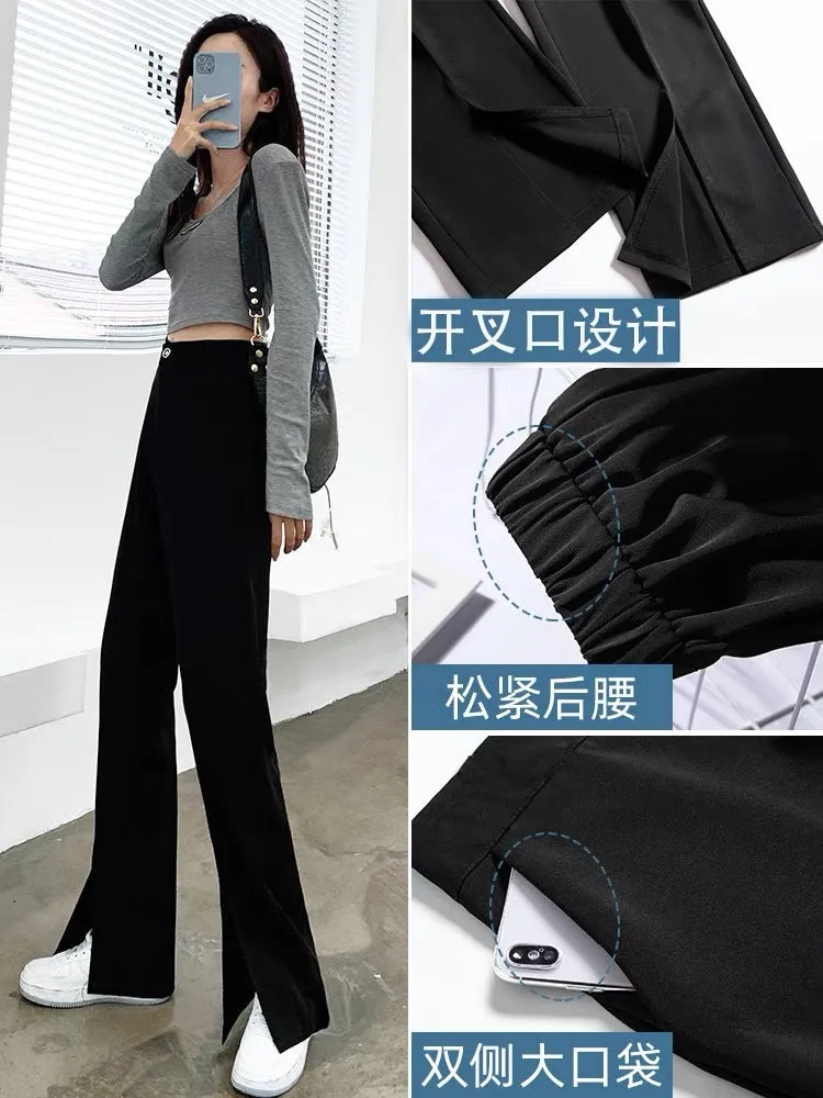 Splitted Suit Pants Women High Waist Slim Look Straight Loose Thin Drape Black Casual Pants