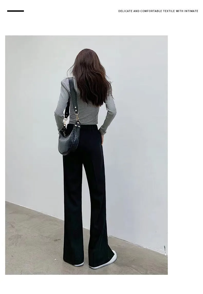 Splitted Suit Pants Women High Waist Slim Look Straight Loose Thin Drape Black Casual Pants