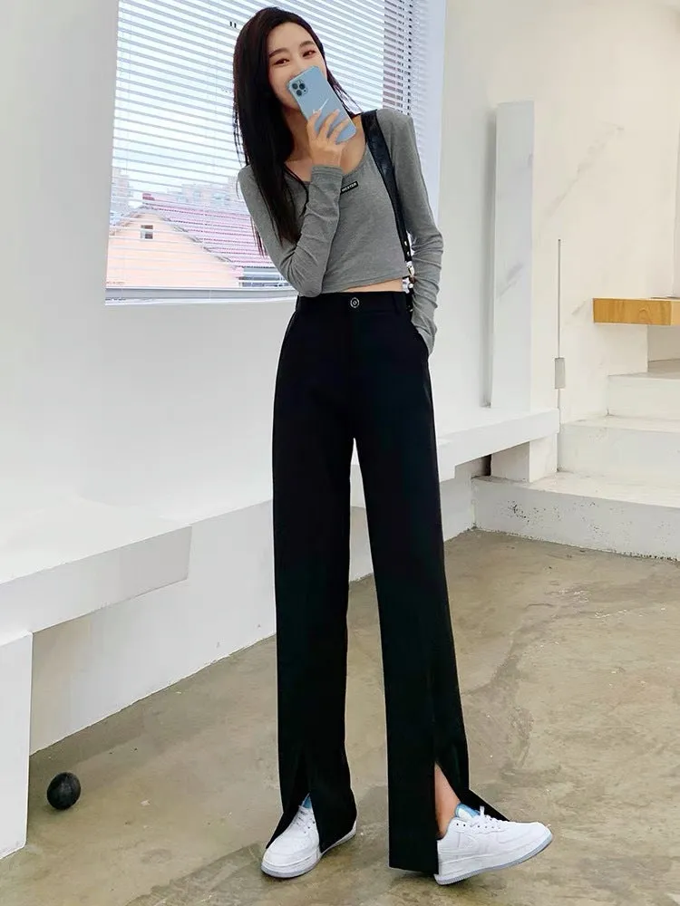 Splitted Suit Pants Women High Waist Slim Look Straight Loose Thin Drape Black Casual Pants