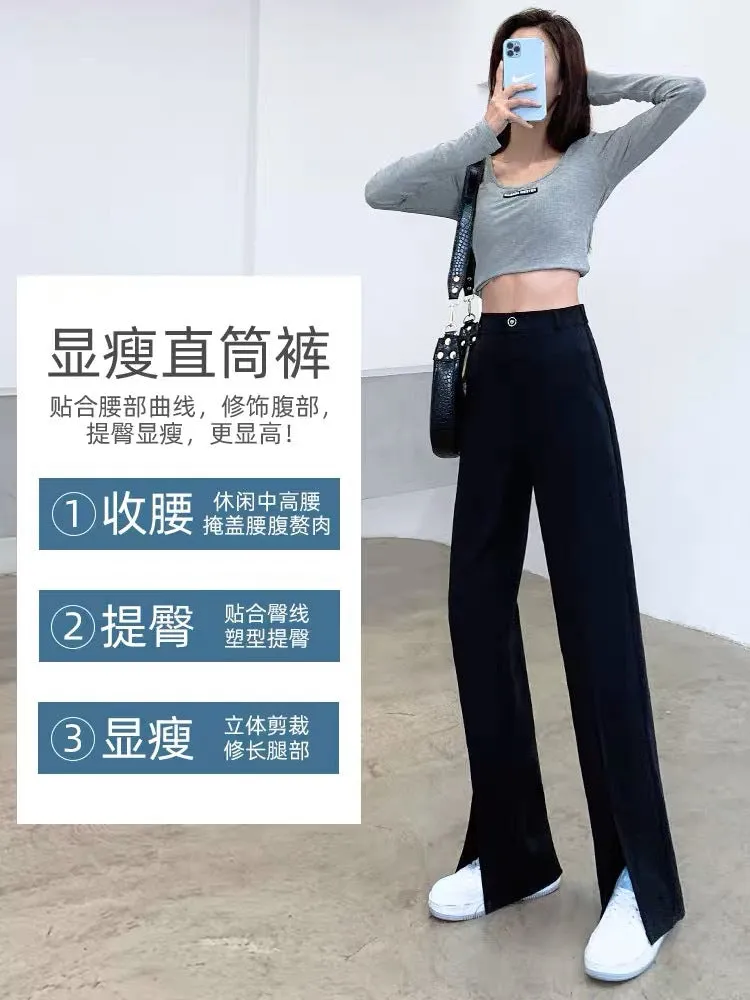 Splitted Suit Pants Women High Waist Slim Look Straight Loose Thin Drape Black Casual Pants