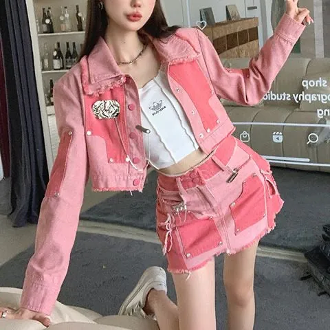 Sweet Pink Heavy-Duty A-Line Skirt Two-Piece Set – Denim Autumn/Winter New Arrivals, Flared Skirt Set
