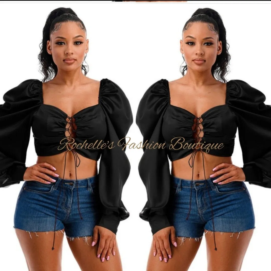WHITE SATIN LACE UP FRONT PUFF L/S