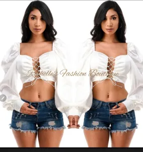 WHITE SATIN LACE UP FRONT PUFF L/S