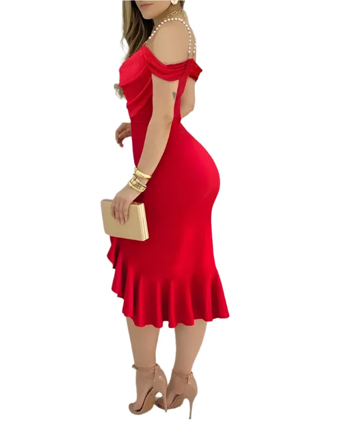 Women's Casual Two-Piece Style Cowl Neck Bodycon Dress with Pearl Straps – Elegant Wedding Guest & Party Outfit