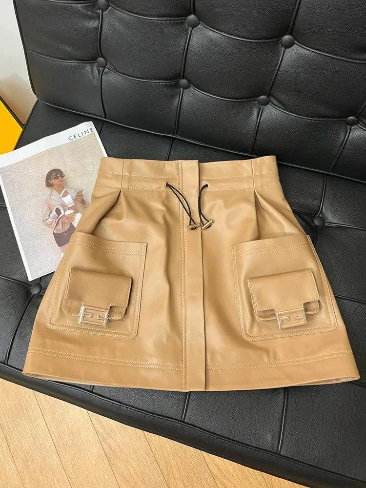 Women's Drawstring Elastic A- line Sheepskin Skirt
