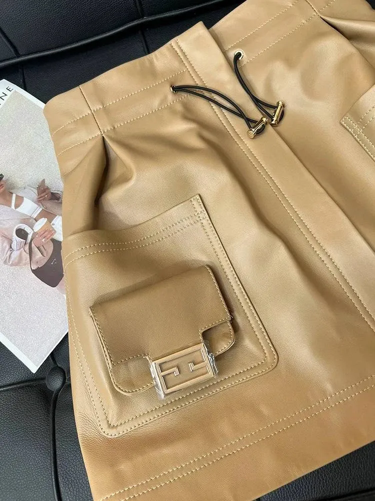 Women's Drawstring Elastic A- line Sheepskin Skirt