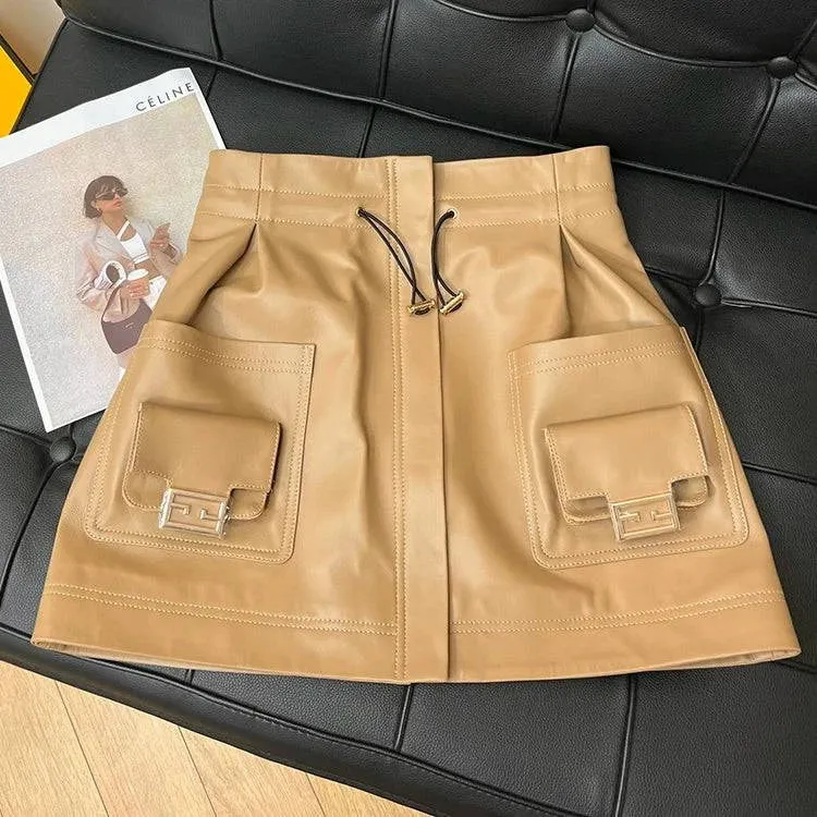 Women's Drawstring Elastic A- line Sheepskin Skirt